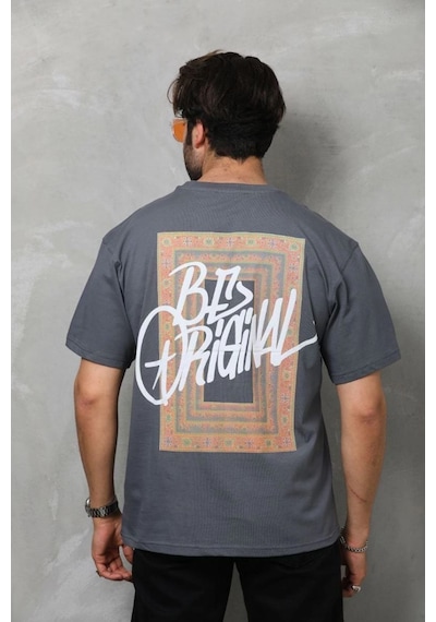 Erkek Baskılı T-shirt Kısa Kol Bisiklet Yaka Regular Fit Rahat Kalıp Tişört - Füme