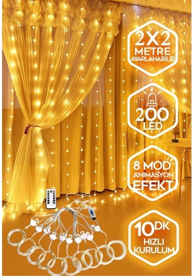 200 Led'li 2x2 Metre Animasyonlu Perde Led Işık - Günışığı Sarı