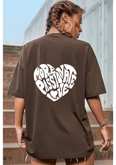 Unisex Yazı Kalp Baskılı Oversize Tshirt Kahverengi