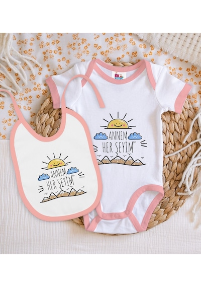 Bk Kids Annem Her Şeyim Tasarımlı Pembe Bebek Body Zıbın Ve Mama Çok Renkli
