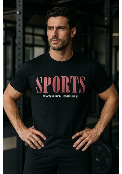 Rich Erkek Siyah Basic T-shirt Baskılı Slim Fit %100 Pamuk Tişört SIYAH
