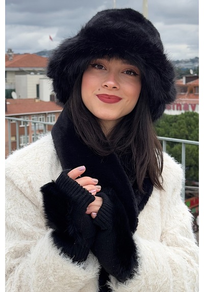 Mollycrush Kadın Peluş Kürk Kışlık Şapka Boyunluk Eldiven Seti 3 Lü Soft Takım Siyah