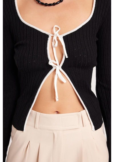 Tudors Kadın Slim Fit Dar Kesim Uzun Kollu U Yaka Bağlama Detaylı Siyah Hırka-41353 Siyah