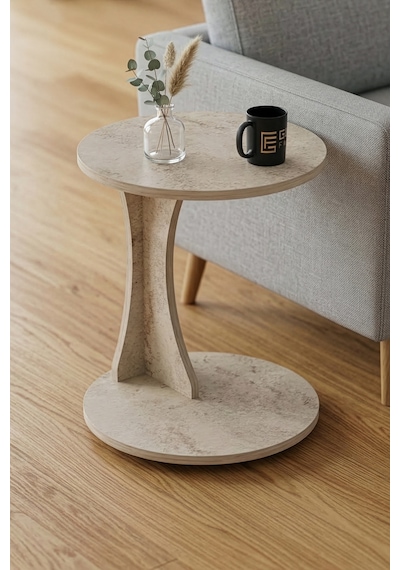 Yan Sehpa Modern C Sehpa Minimal Tasarım Yuvarlak Orta Sehpa Salon Koltuk Yanı 6098 Traverten Çok Renkli