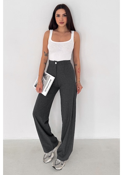 Kadın Yüksek Bel Geniş Paça Pantolon Grey Tailor Gri