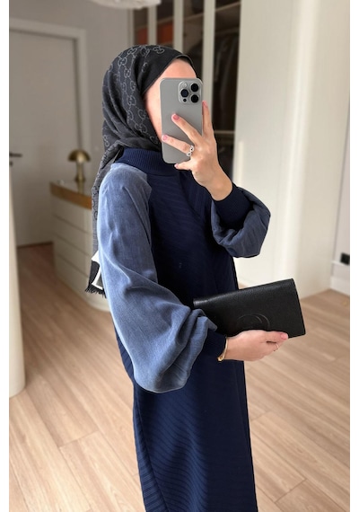 Kahijab Kendinden Desenli Yarım Balıkçı Merserize Elbise - Lacivert