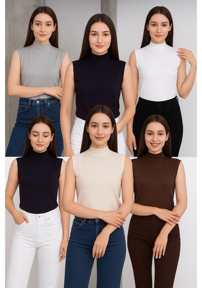 Hashtag Kadın Balıkçı Yaka Sıfır Kol Body 6'lı Set Viskon Kumaş Beyaz