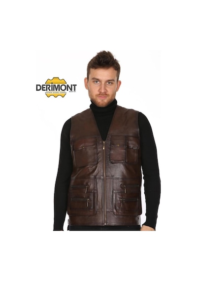 Deriwork Hakiki Kuzu Derisi Kahverengi Avcı Erkek Deri Yelek Koyu Kahve