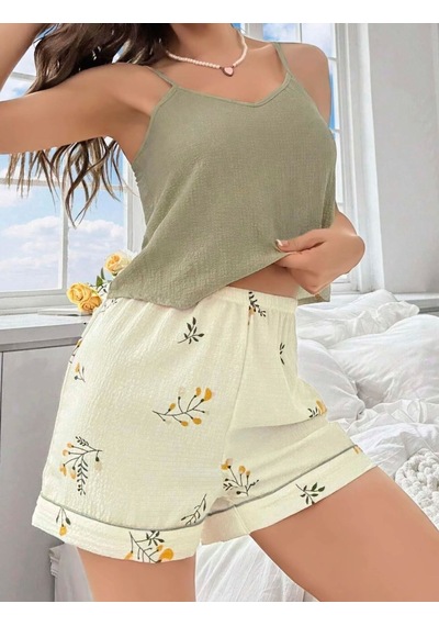 İkikareshop Kadın Ekru Çiçek Baskılı Şortlu Gecelik Pijama Takımı Rahat Şık 2 Li Set Çok Renkli