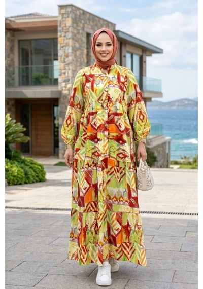 Hb Harma Time Butik Kadın Düğmeli Çiçek Desenli Yeşil Modal Elbise