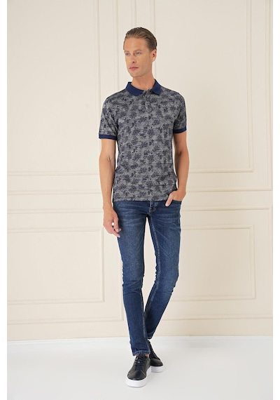 Efor Slim Fit Dal Yaprak Desen Polo Yaka Pamuklu Lacivert Tişört Ts 884 Lacivert