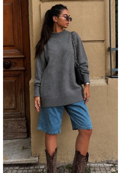 Madmext Antrasit Bisiklet Yaka Oversize Uzun Kadın Triko Kazak Mg2890