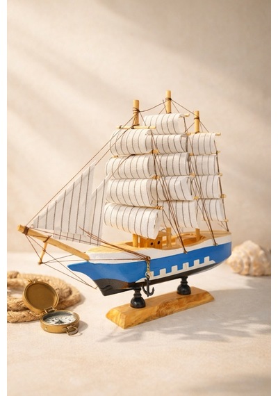 Dekoratif Premium Ahşap El Yapımı Yelkenli Gemi Maketi Ev Ofis Masa Üstü Biblo 24 X 24 Cm Mavi 529-c 24 Cm