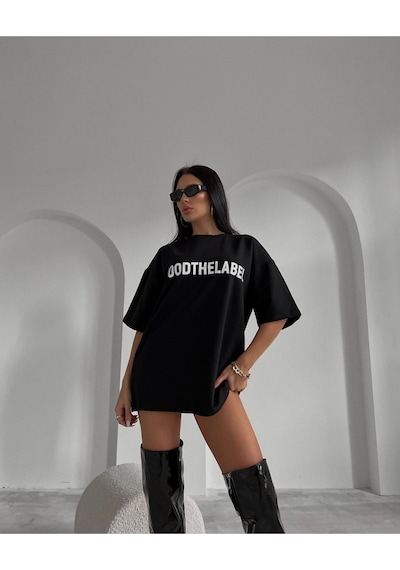 Siyah Oversize Mood The Label T-shirt - Oversize Baskılı SIYAH
