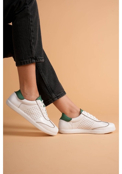 Analin Shoes Kadın Hakiki Deri Bağcıklı Süet Detaylı Spor Ayakkabı Beyaz - Yeşil