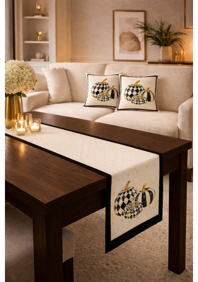 Tarzını Seç Balkabagı Desenli Salon Dekoru 2 Adet Kırlent Kılıfı 40x38 1 Adet Runner 40x140 Set Balkabağı