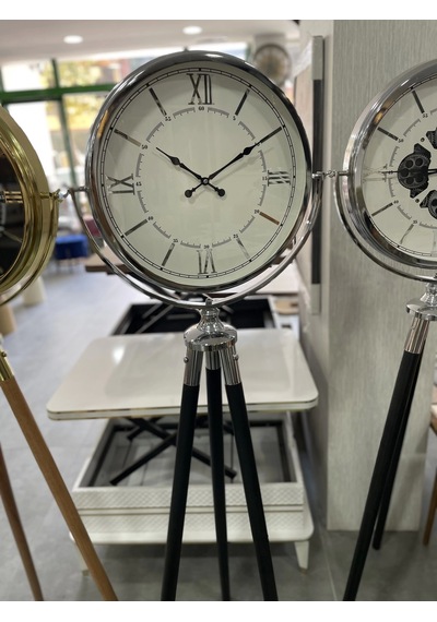 Tripod Ayaklı Dekoratif Saat Roma Rakamlı Krom- Siyah Ayaklı