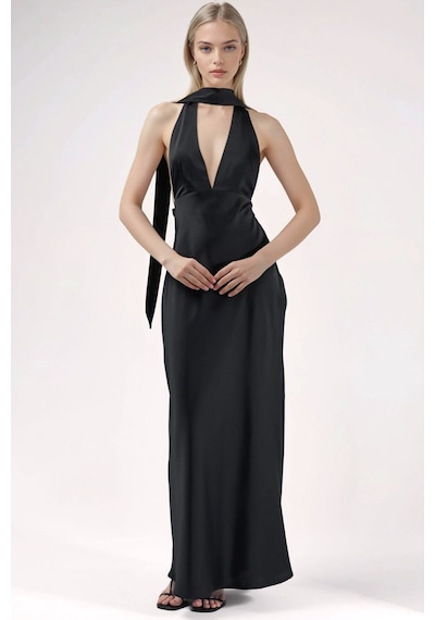 Hiccup V Yaka Bodycon Maxi Elbise Siyah