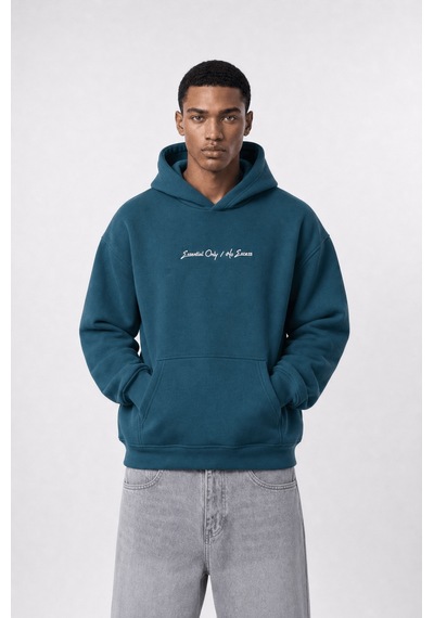 Respire Erkek Essentials Nakışlı Oversize Hoodie Zümrüt Zümrüt Yeşili