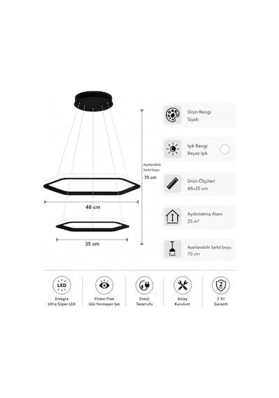 AvizeGO Ares 2'li Led Sarkıt Avize Beyaz Işık Siyah