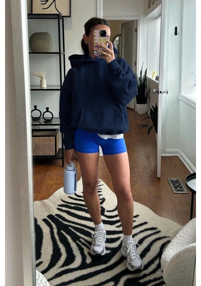 Lacivert Kapüşonlu Şardonlu Oversize Cepli Sweatshirt Mg2206