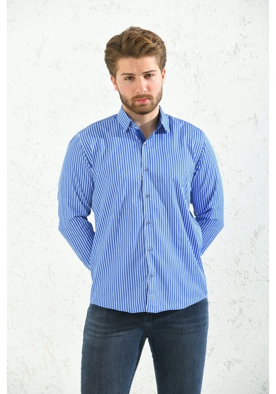 Erkek Slim Fit Uzun Kol Premium Kalın Çizgili Hediye Kutulu Gömle Saks