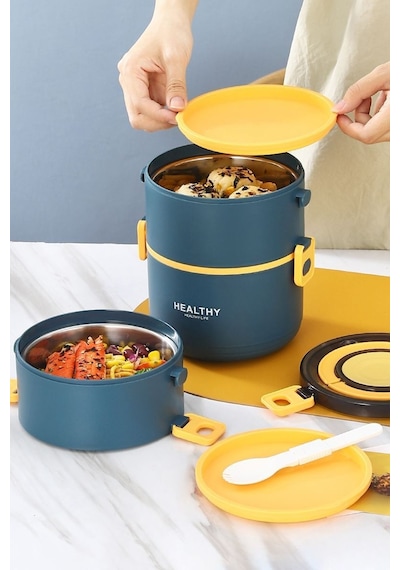 304 Çelik Üç Kat Yemek Mama Saklama Kabı Sefertası cin564mv 2200 ML Mavi