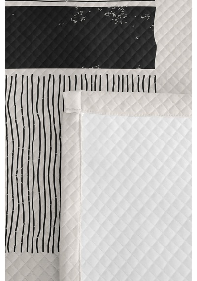 Siyah Çizgili Geometrik Genç Odası Tek Kişilik Pike Takımı - Modern 160x220 Cm Kapitone Yatak Örtüsü Keten Kuşluk Uyumu