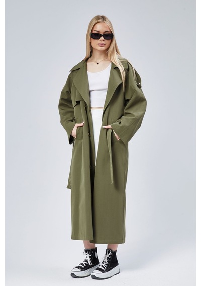 Kadın Oversize Astarlı Uzun Trençkot Haki