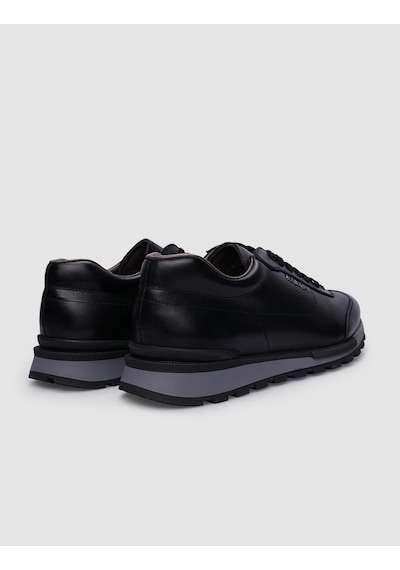 %100 Hakiki Deri Siyah Bağcıklı Erkek Sneaker-siyah Siyah
