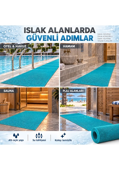 Hortumtech Bal Petek Paspas Kaydırmaz Pvc Islak Zemin Duş Havuz Su Tahliyesi 4 Mm - Turkuaz 120 X 180 Cm