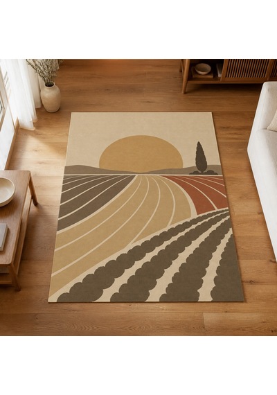 Kartela Halı Güneş Tarlası Manzaralı Modern Halı Bej Kaymaz Taban Makinede Yıkanabilir 120x180 Cm