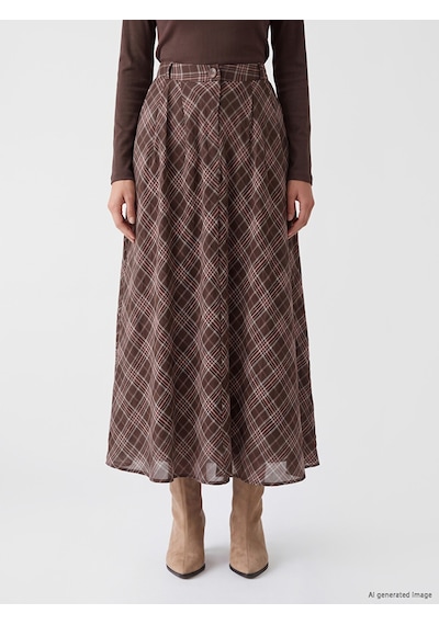 Lcwaıkıkı Classic Kahverengi Pileli Ekose Poplin Etek