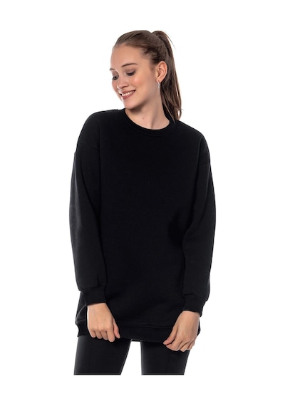Caya Kadın Ekru Renk Uzun Kesim Basic Örme Sweatshirt Cy84197 Beyaz Siyah
