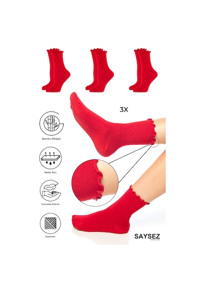 Saysez Bambu Kadın Lastiksiz Kırmızı Fırfırlı Soket Dikişsiz Çorap 3'lü Paket / İz Bırakmaz / Sıkmaz Çorap Renkli