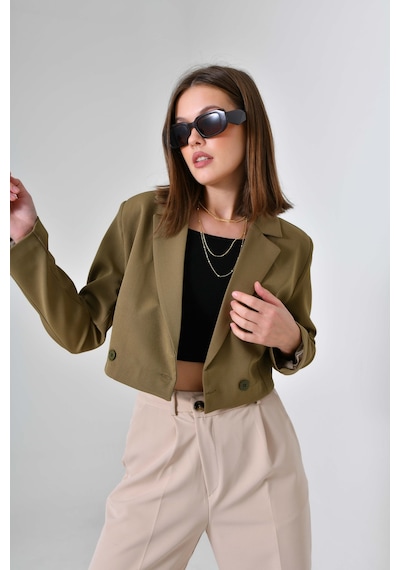 Haki Kruvaze Crop Blazer Ceket Haki