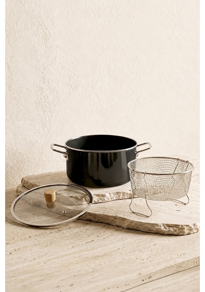 Titan Cook Ahşap Kulplu,paslanmaz Saplı Siyah Süzgeçli Emaye Kızartma Tenceresi 22 Cm Siyah