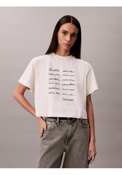 Calvin Klein Kadın Ss Boxy Fit Grafik Detaylı Crop T-shirt-15536 Taş Rengi