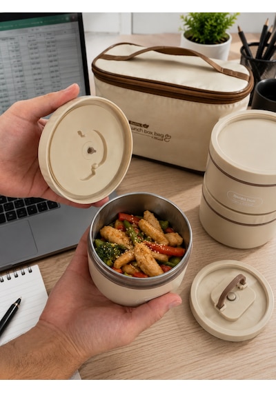 Favora 4'lü Çelik Termoslu Lunch Box Yemek Kabı Seti Bej