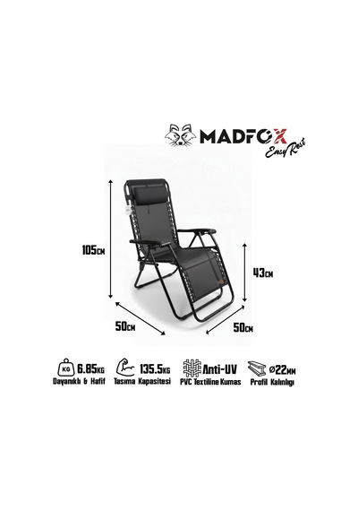 Madfox Easyrest Katlanır Şezlong Sandalye Gri Gri - Siyah