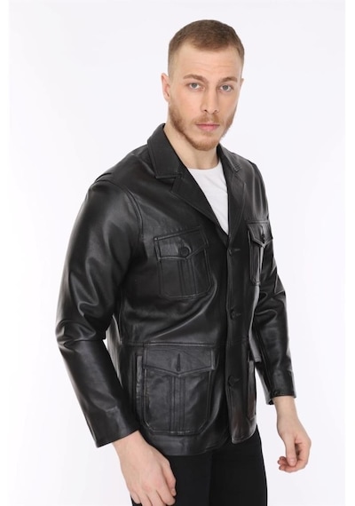 Hakiki Deri Siyah Blazer Cepli Erkek Deri Ceket Siyah