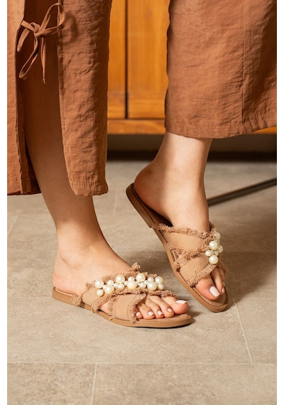 Dabab Shoes Mırella Kadın İncili Hasır Dokulu Düz Şık Taba Terlik