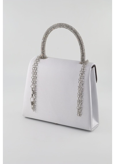 Keeba Saten Taşlı Gümüş Abiye Çanta Clutch Saten Gümüş Gece Çantası Abiye Çanta Gümüş Saten Abiye Çanta