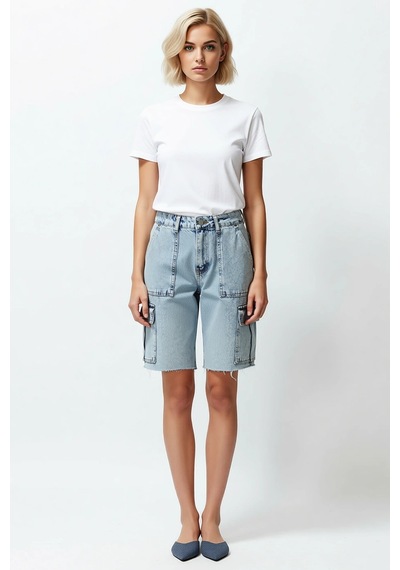Benerly Kadın Yüksek Bel Kargo Cep Denim Bermuda Ham Paça Düz Desen Rigid Açık Mavi