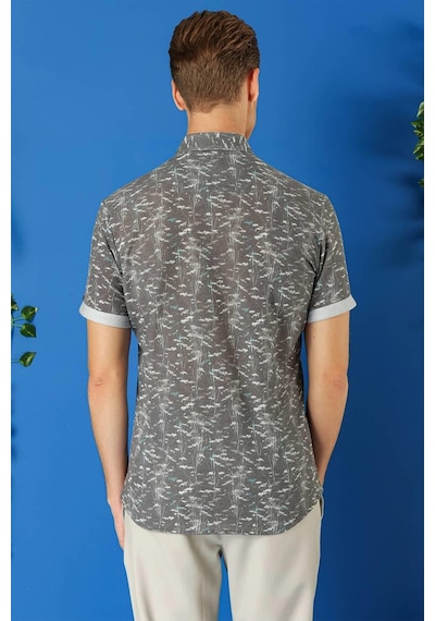 Efor Slim Fit Düğmeli Yaka Desenli Kısa Kol Pamuk Füme Gömlek G 1499 Füme