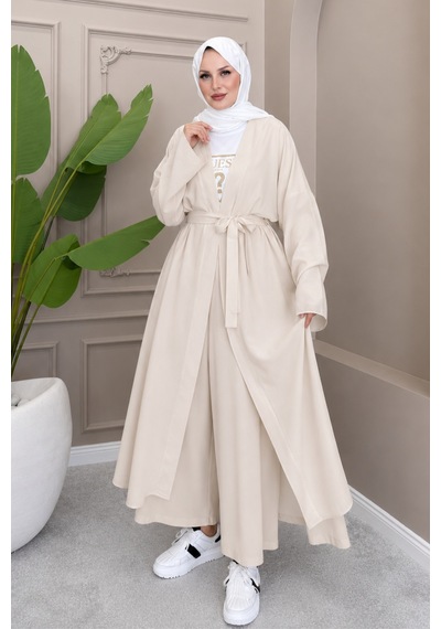 Balenbi Kadın Kuşaklı Kimono Hırka Bol Paça Pantolon Takım Tesettür 2'li Kombin 1230 Taş