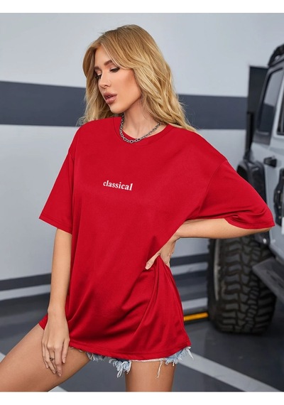 Kadın Kırmızı Classical Ön Baskılı Oversize T-shirt Kırmızı