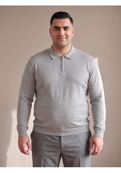 Maccali Erkek Açık Gri Büyük Beden Düz Fermuarlı Polo Yaka Triko Kazak