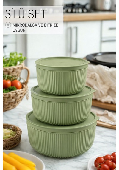 Saklama Kabı 3'lü Set 1550 - 1000 - 550ml Depolama Kutusu - Gıda Çerezlik Hobi Çok Amaçlı Box Yeşil