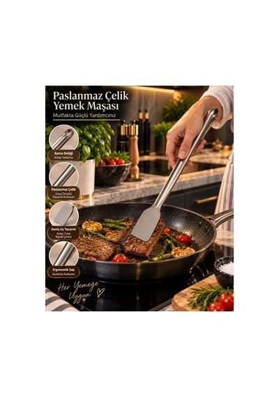 Paslanmaz Çelik Geniş Uçlu Mutfak Spatulası Ergonomik Saplı Çok Amaçlı Pişirme Aparatı Gri